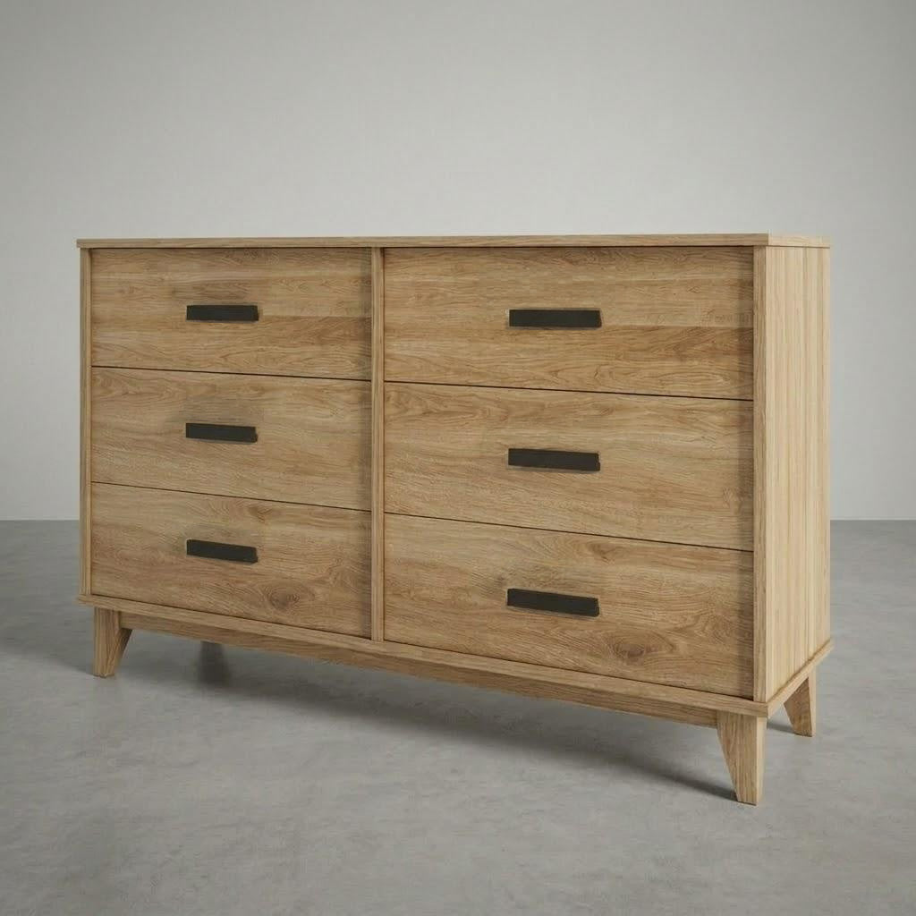 Wooden dresser with multiple drawers on a gray floor and background