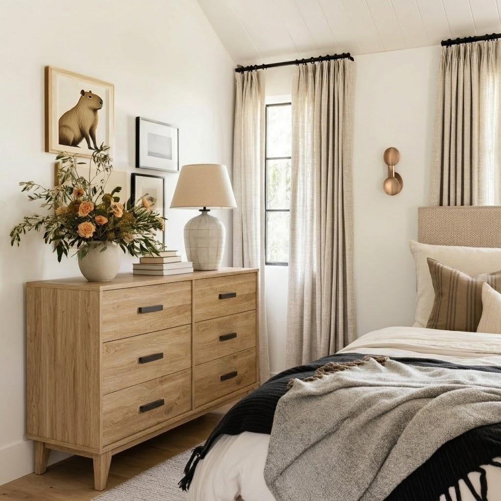 Neatly arranged bedroom with wooden dresser, bed, and decor elements.