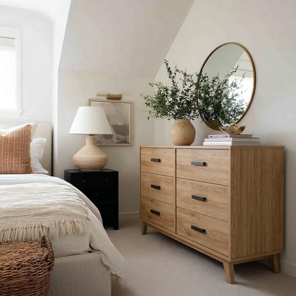 Neatly arranged bedroom with wooden dresser, round mirror, and bed.