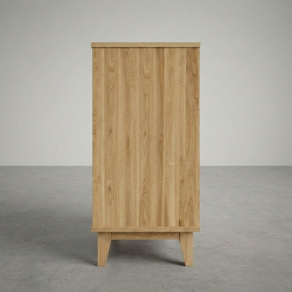Wooden cabinet on a gray floor with a neutral background
