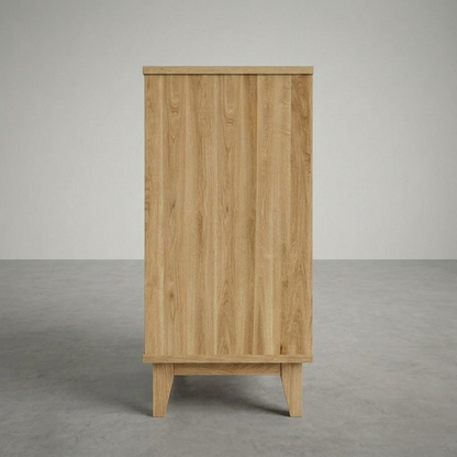 Wooden cabinet on a gray floor with a neutral background