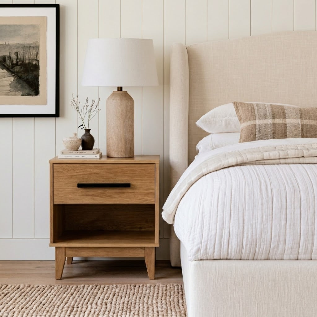 A modern bedroom scene featuring an Oak Astoria Nightstand with an open shelf and a single drawer, styled with a table lamp, books, and a small vase. The nightstand is positioned next to a bed with a beige upholstered headboard and white bedding.