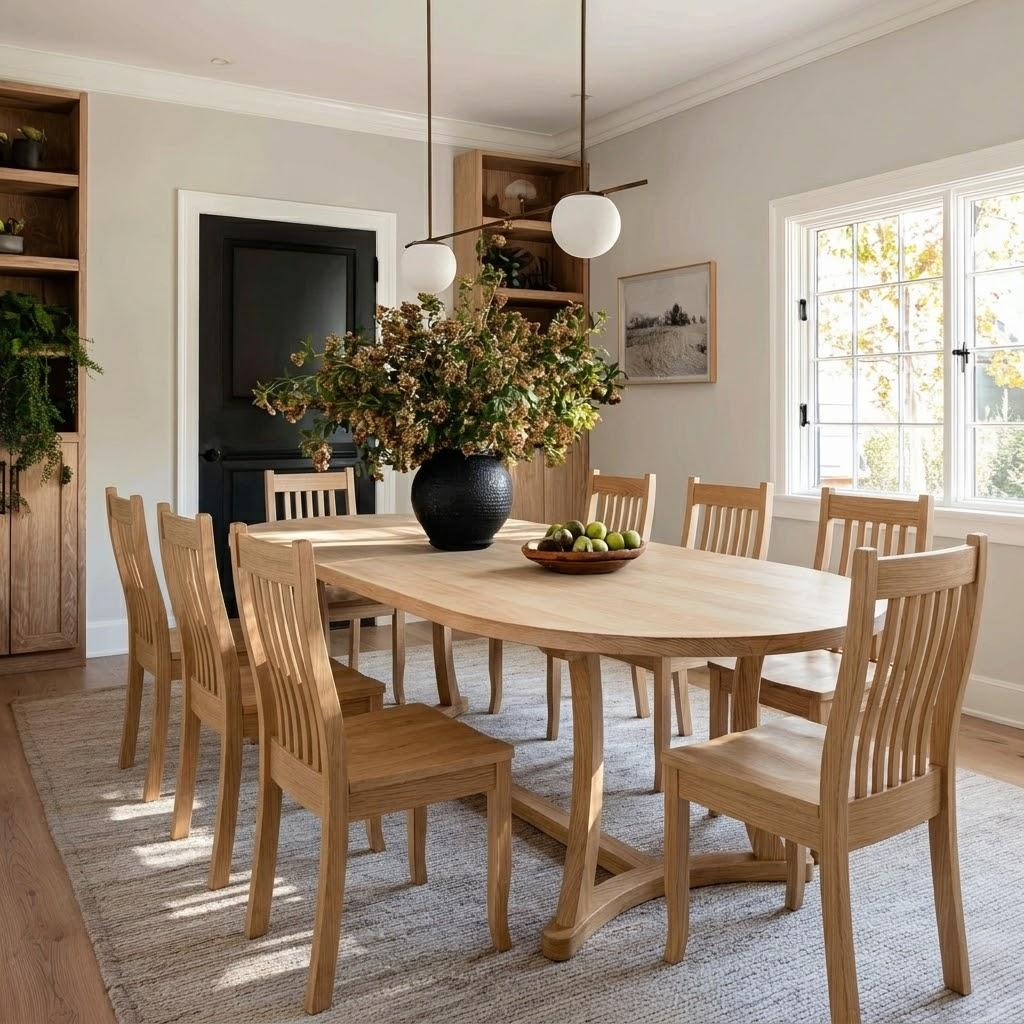Dining room with wooden table and chairs, large vase of flowers, and a window.