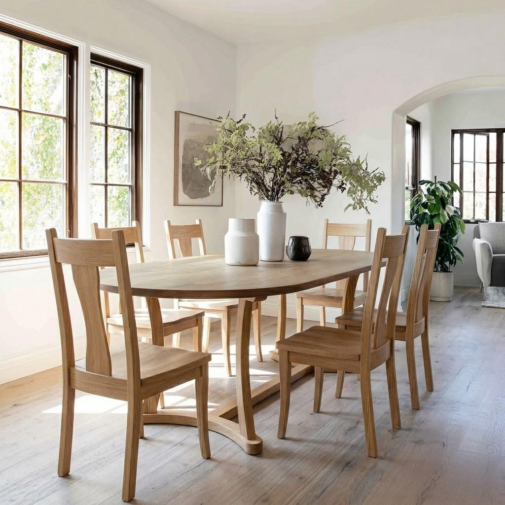 Dining room with wooden table and chairs, large vase of flowers, and a window.
