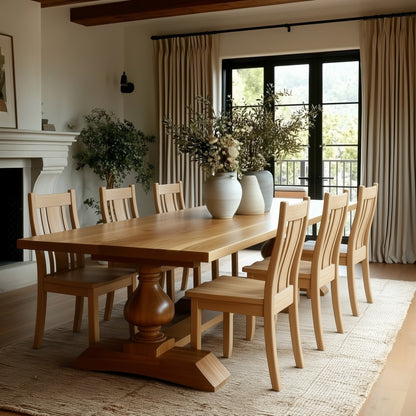 Dining room with wooden table and chairs, large windows, and decorative plants.