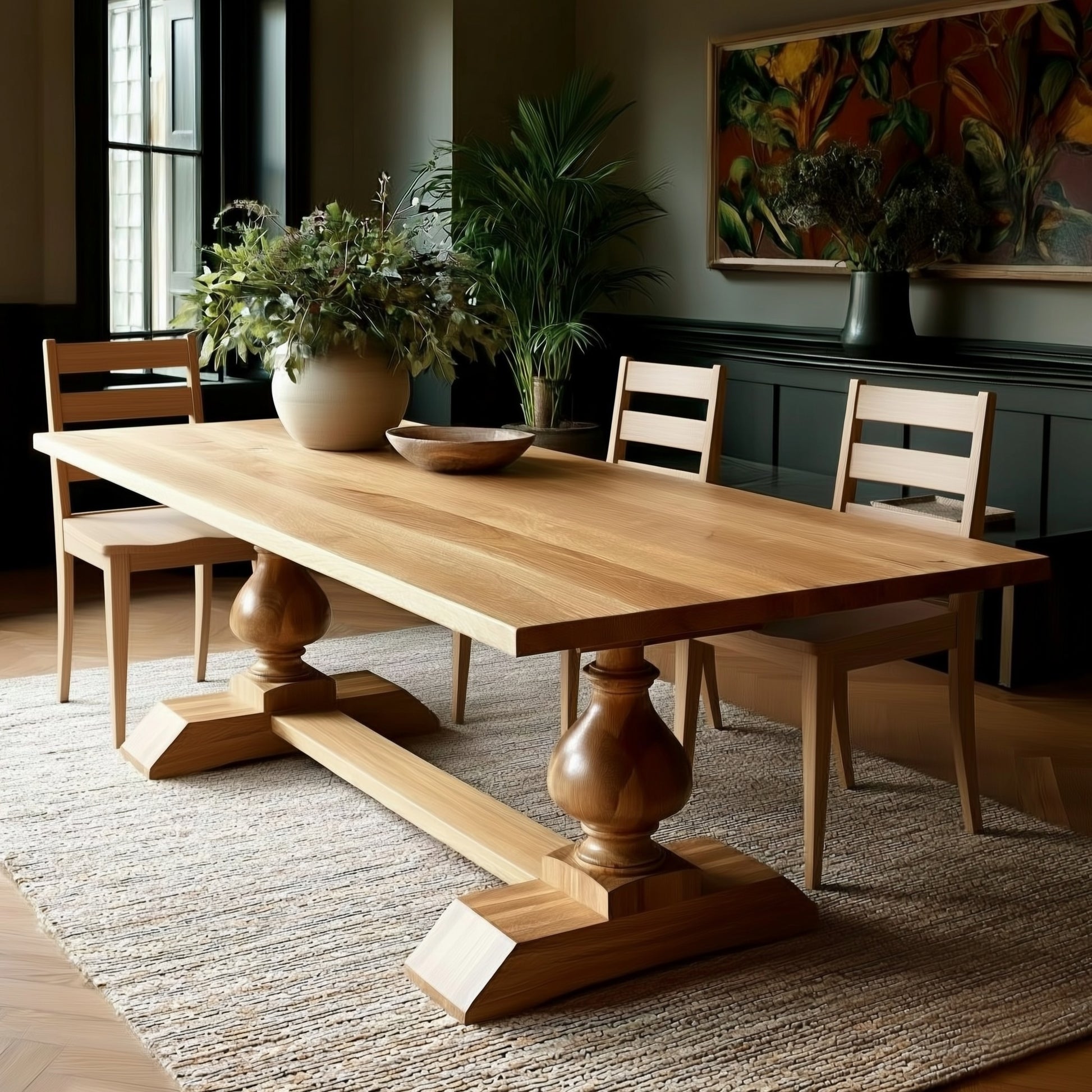 Wooden dining table with chairs in a room with plants and a painting.