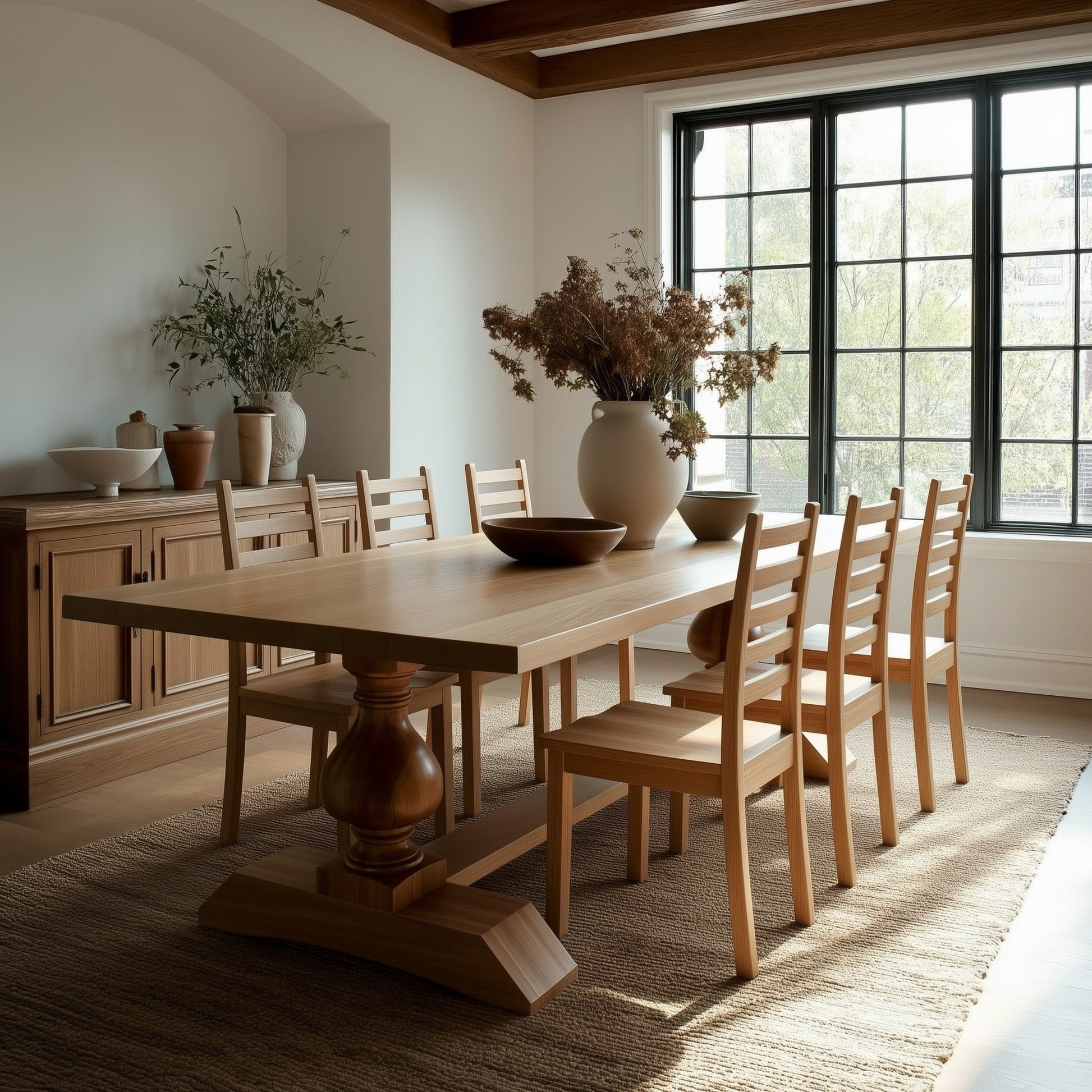 Dining room with wooden table and chairs, large windows allowing natural light.