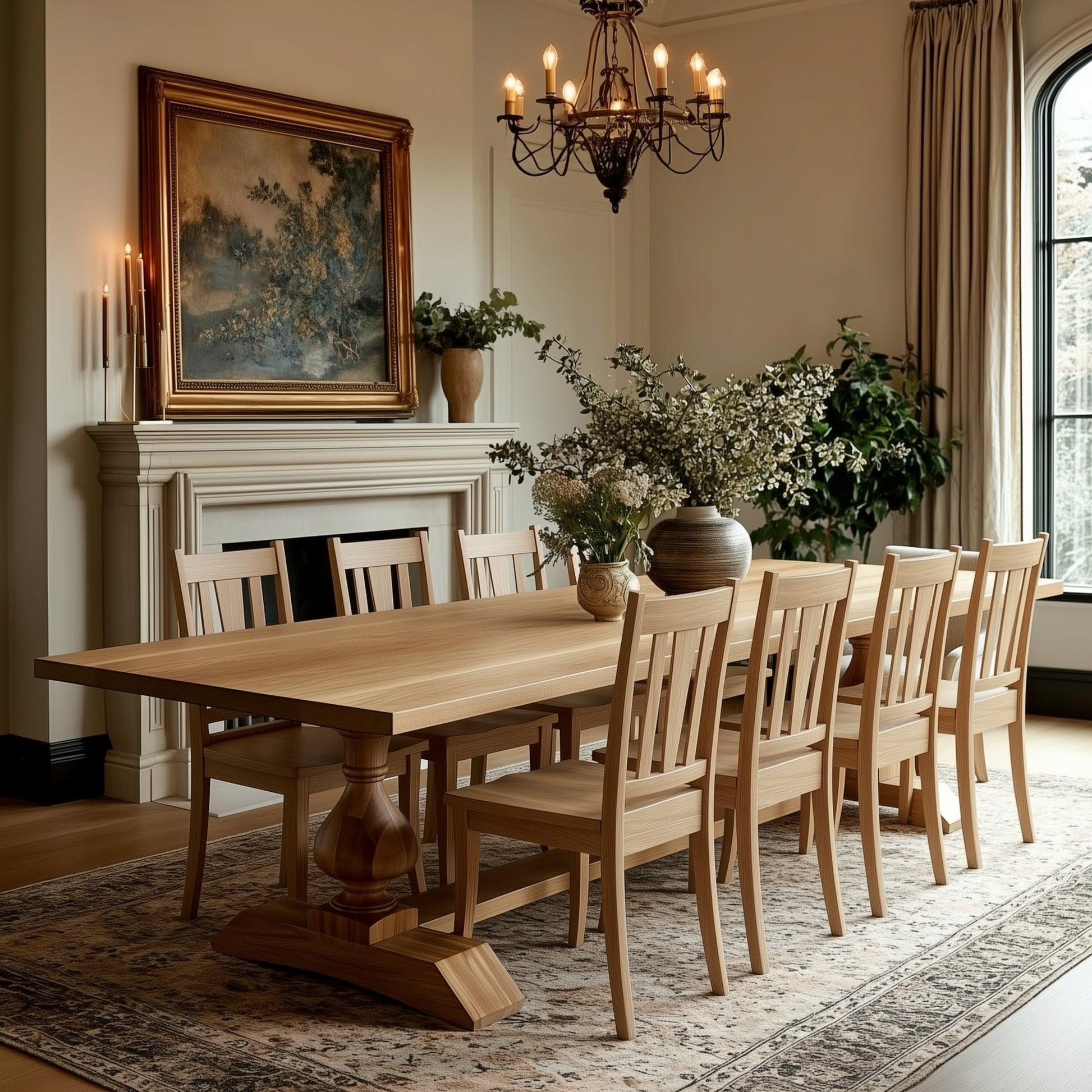 Wooden dining table with chairs in a room with a fireplace and decorative elements.