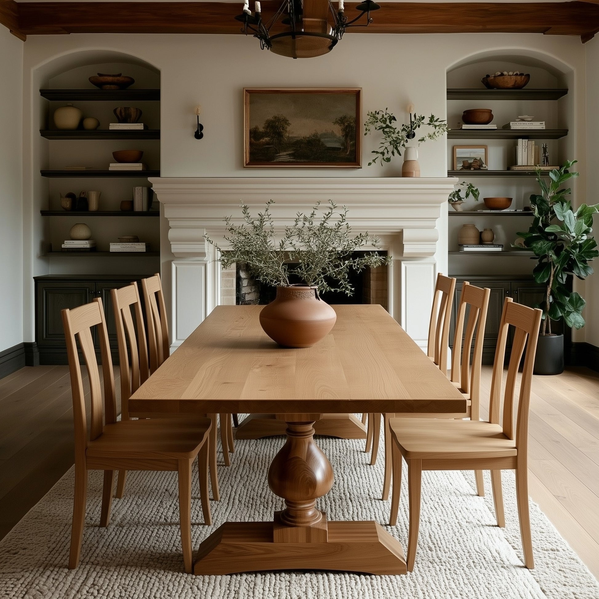 Dining room with wooden table and chairs around a fireplace