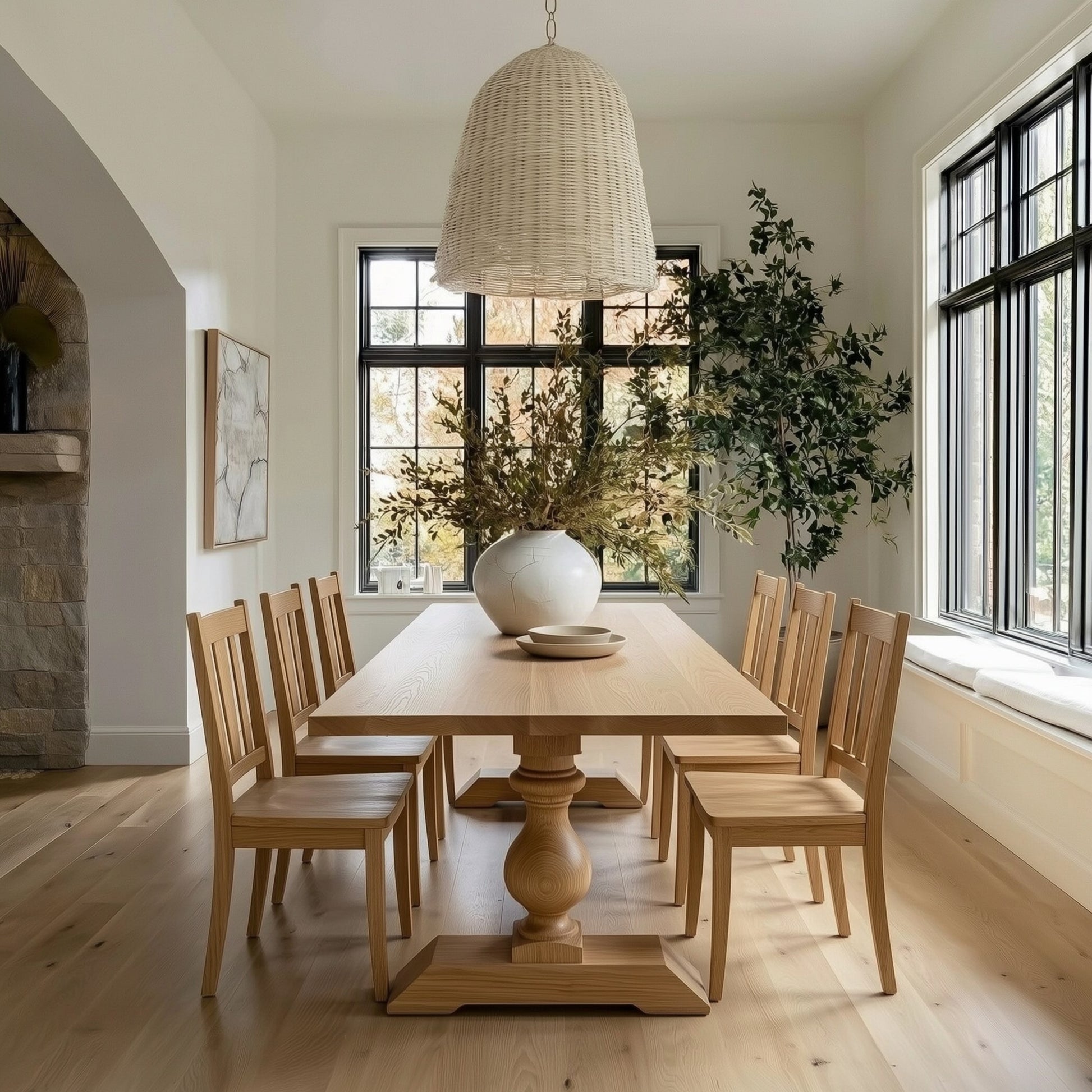 Dining room with wooden table and chairs, large windows, and decorative plants.