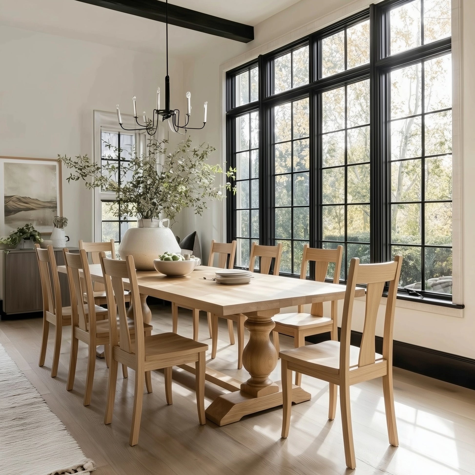 Dining room with wooden table and chairs near large windows