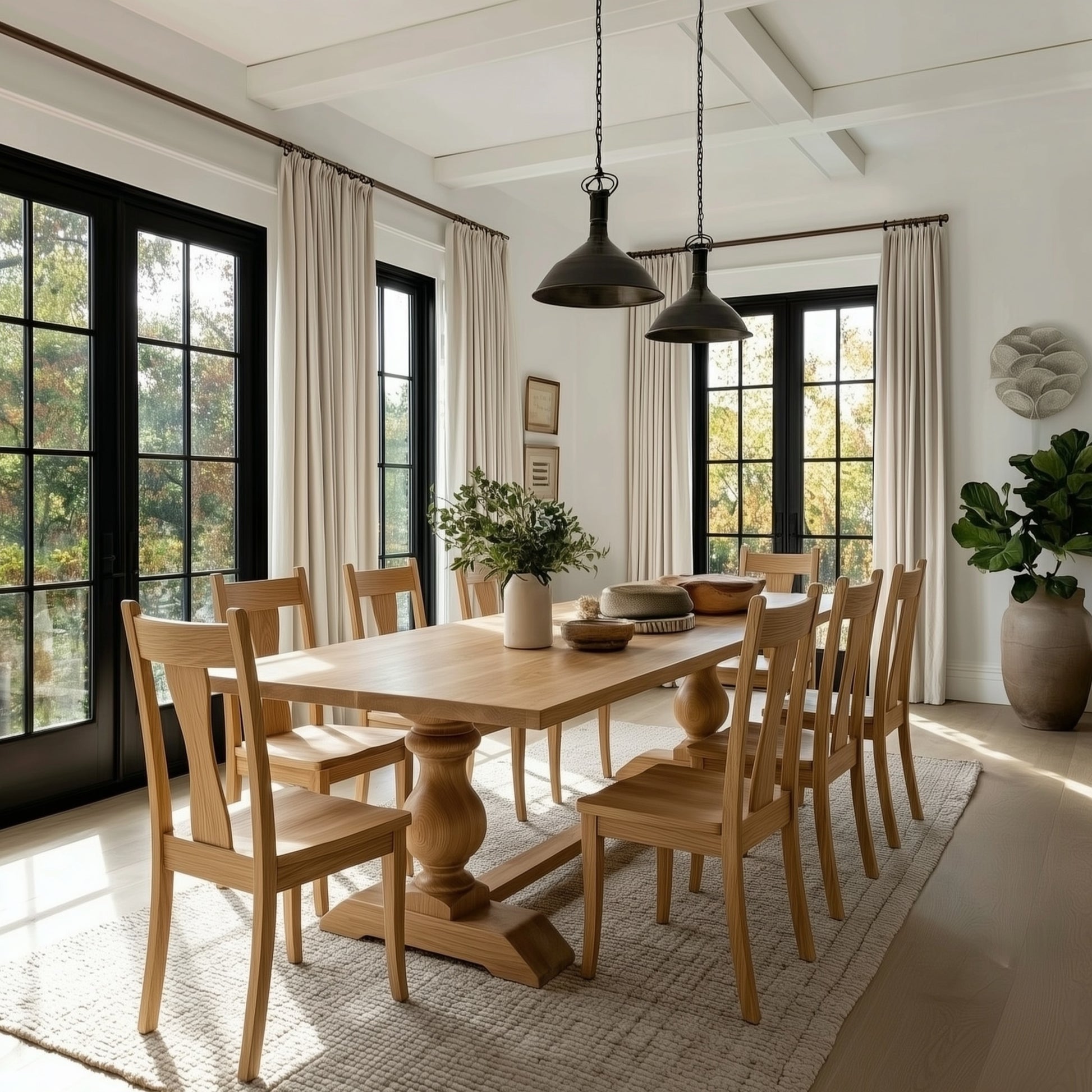 Dining room with wooden table and chairs, large windows, and decorative elements.
