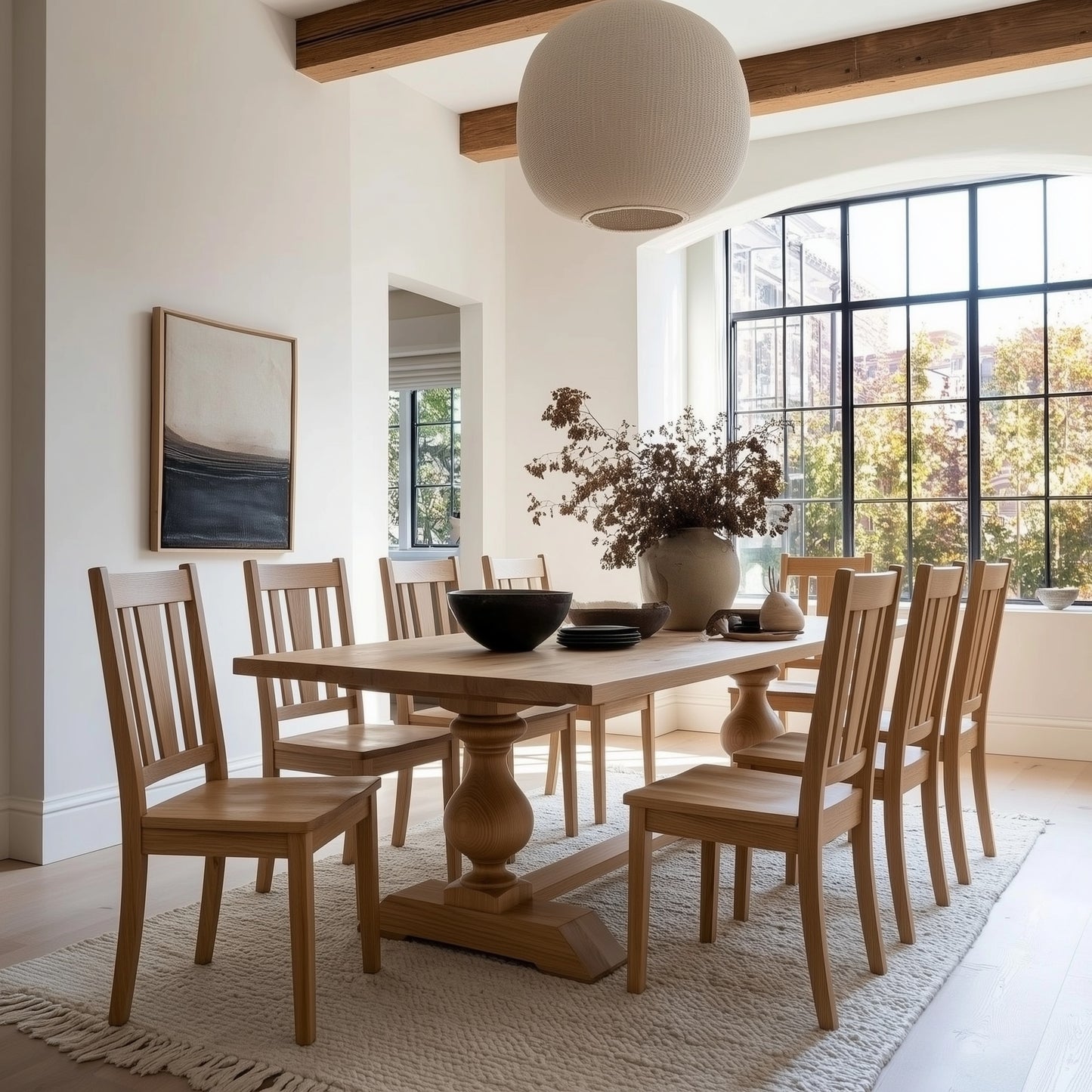 Dining room with wooden table and chairs, large window, and decorative elements.