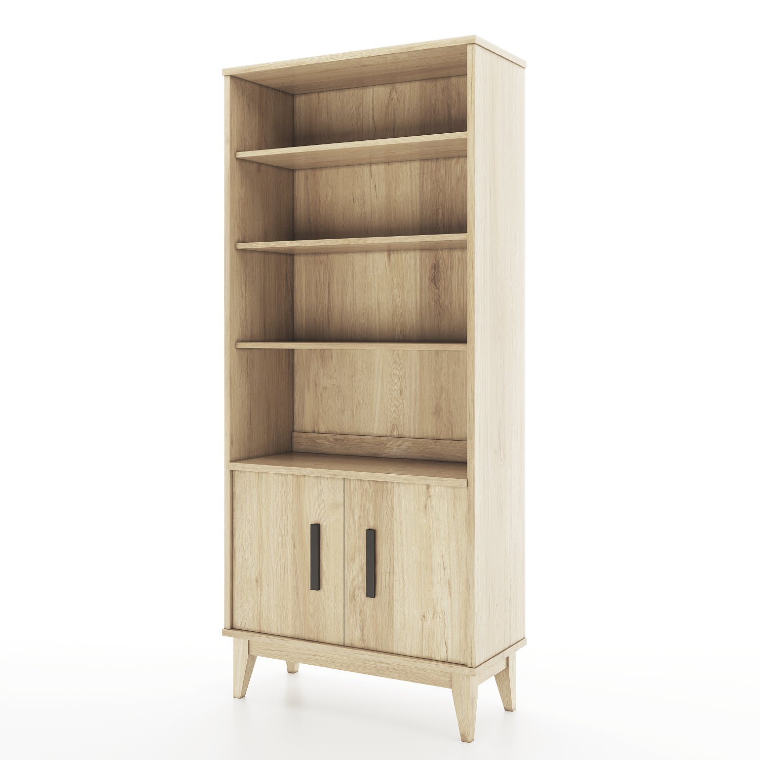 Oak bookcase facing camera at an angle on white background