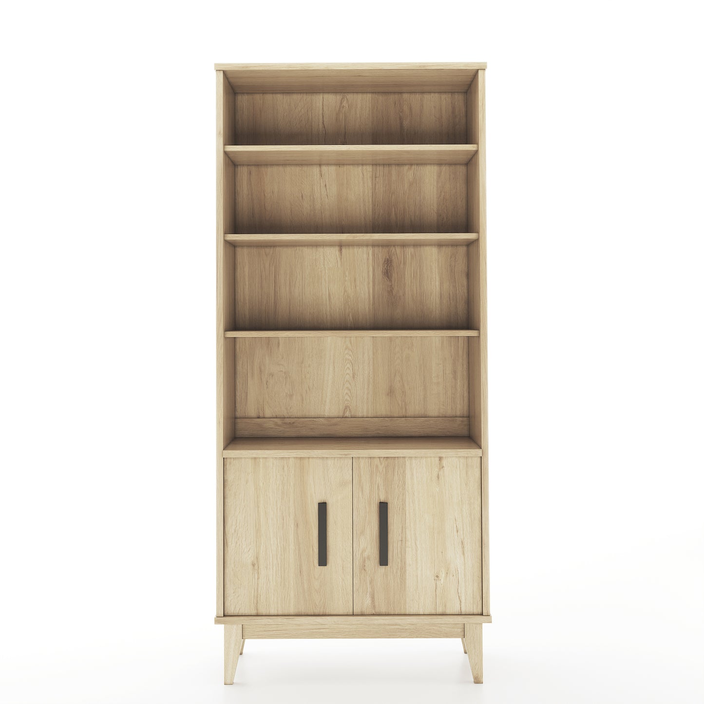 Oak bookcase facing camera on white background
