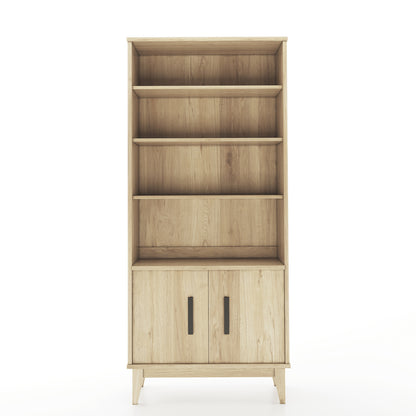 Oak bookcase facing camera on white background
