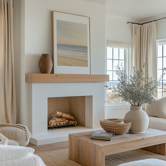 A white oak mantel placed above a fireplace in a living room setting, with a framed picture on the wall and a vase with branches on the mantel.