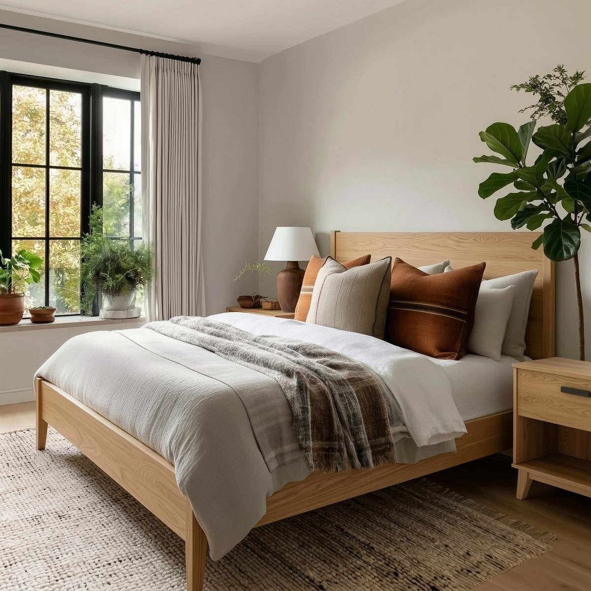 Bedroom with wooden bed, white bedding, and decorative pillows.