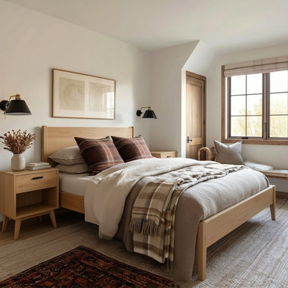 Bedroom with wooden bed, plaid blanket, and framed artwork on the wall.