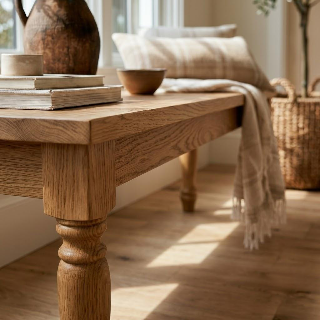 A warm-toned wooden table with turned legs in a bright, sunlit room. A woven basket, throw blanket, pillows, books, and a ceramic vase sit on the tabletop, with natural light casting shadows across the floor.