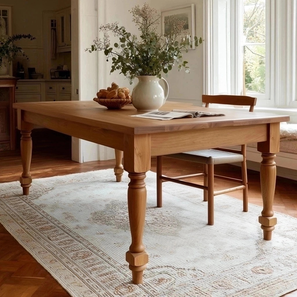 A rectangular dining table with a commercial grade finish, featuring wooden legs and a vase with flowers on top, set in a room with chairs and a patterned rug.