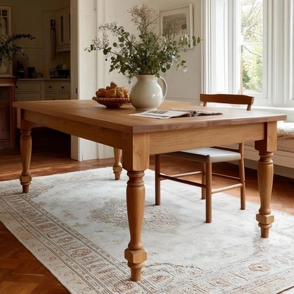 A rectangular dining table with a commercial grade finish, featuring wooden legs and a vase with flowers on top, set in a room with chairs and a patterned rug.