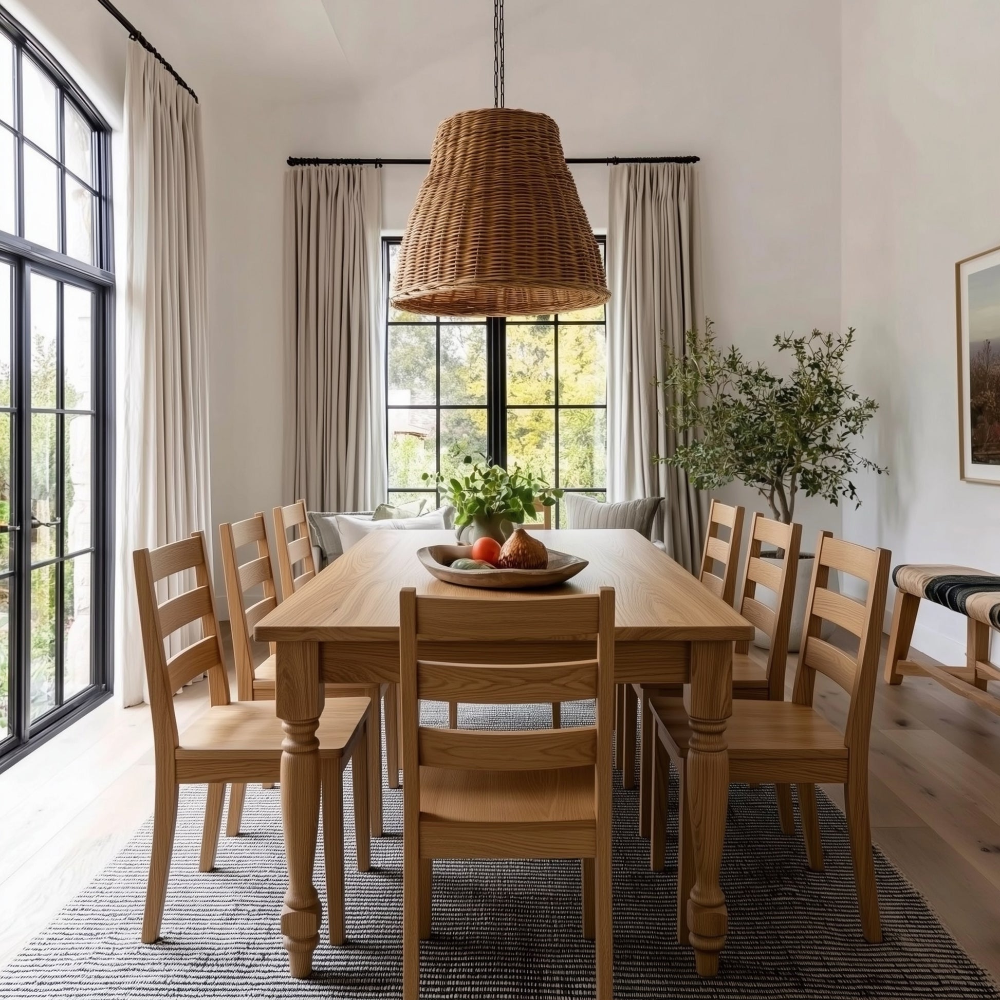 Dining room with wooden table and chairs, large window, and wicker pendant light.
