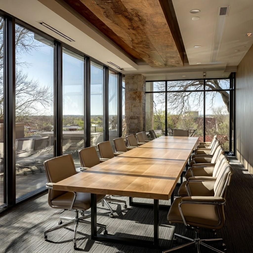 Modern conference room with long wooden table and chairs near large windows.