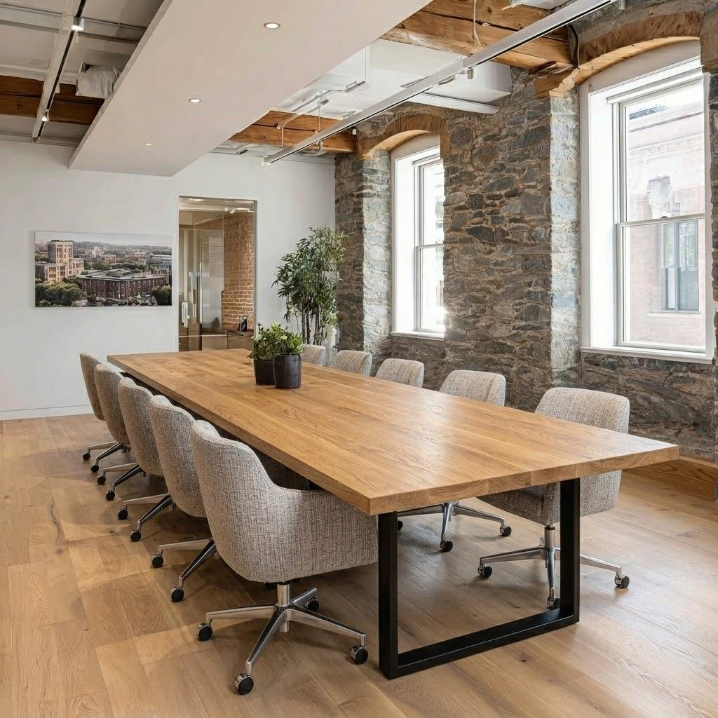 Modern conference room with wooden table and chairs against a stone wall.