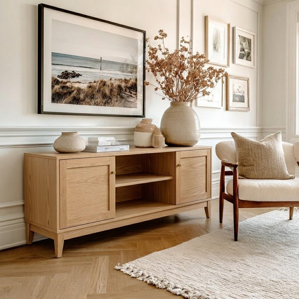 A light natural wood sideboard cabinet styled in a bright, modern living room. The cabinet features two closed doors with round knobs, an open center shelf, and tapered legs.
