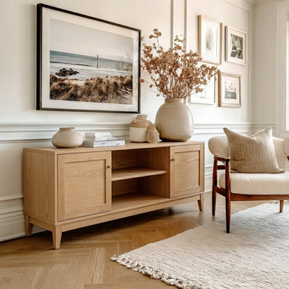 A light natural wood sideboard cabinet styled in a bright, modern living room. The cabinet features two closed doors with round knobs, an open center shelf, and tapered legs.
