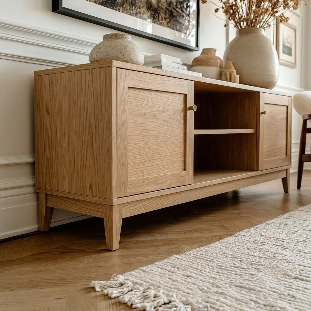 A light oak wood sideboard cabinet with two doors and an open center shelf, styled in a modern living room setting with decorative vases and framed art.