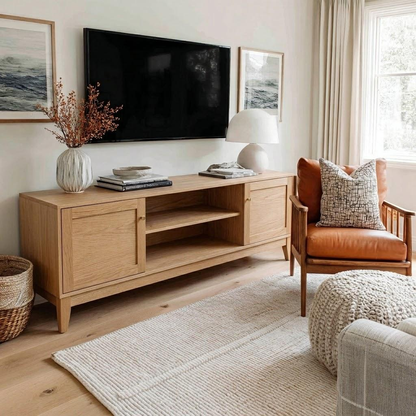 A light oak wood TV stand or media console in a styled living room setting, featuring a black flat-screen TV, a white ceramic vase with dried branches, books, and a lamp on top, next to a brown leather armchair.