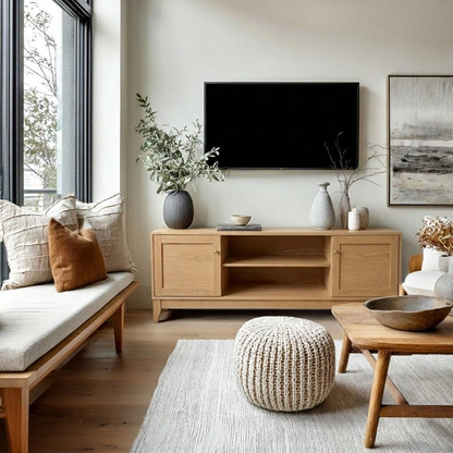 A modern living room scene with a light wood media console beneath a black wall-mounted TV, a woven pouf on a rug, a wooden coffee table, and neutral-toned decor. No people or animals are present, but this is still a real interior environment rather than a clean isolated product shot, so subject_type is Lifestyle.