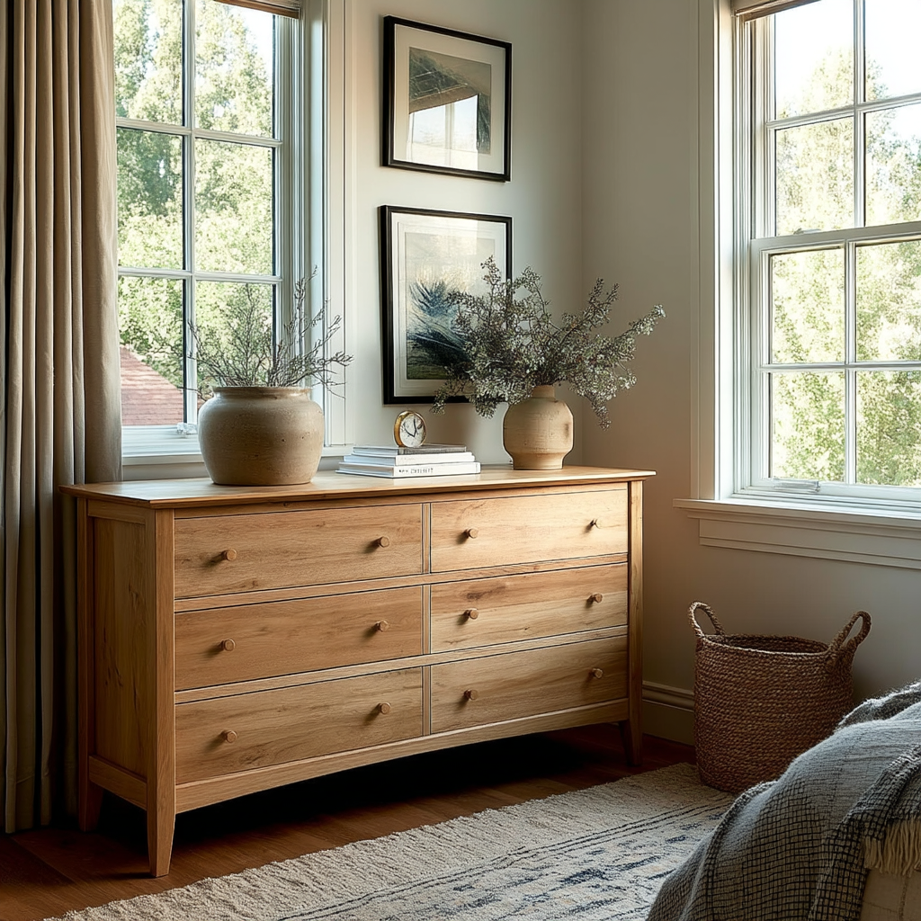 Wooden dresser in a room with large windows, plants, and decor.