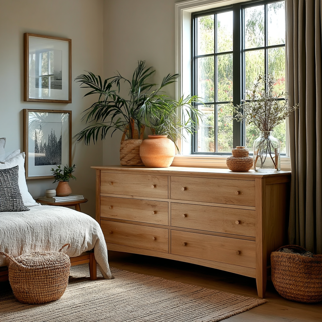 Wooden dresser in a bedroom with plants and decor