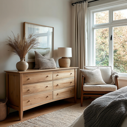 Nursery with wooden dresser, lamp, and framed artwork near a window.