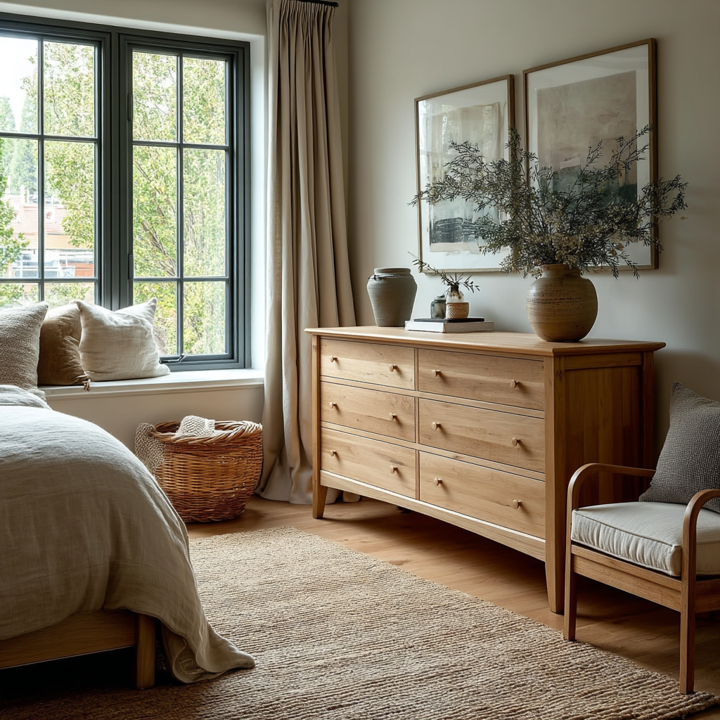 Nestled bedroom with wooden dresser, armchair, and large window.