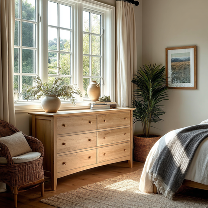 Nursery room with wooden dresser, wicker chair, and framed picture on wall.