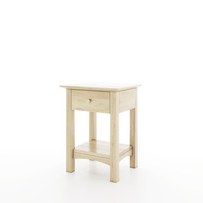 An oak shaker nightstand with one drawer and a lower shelf on a white background