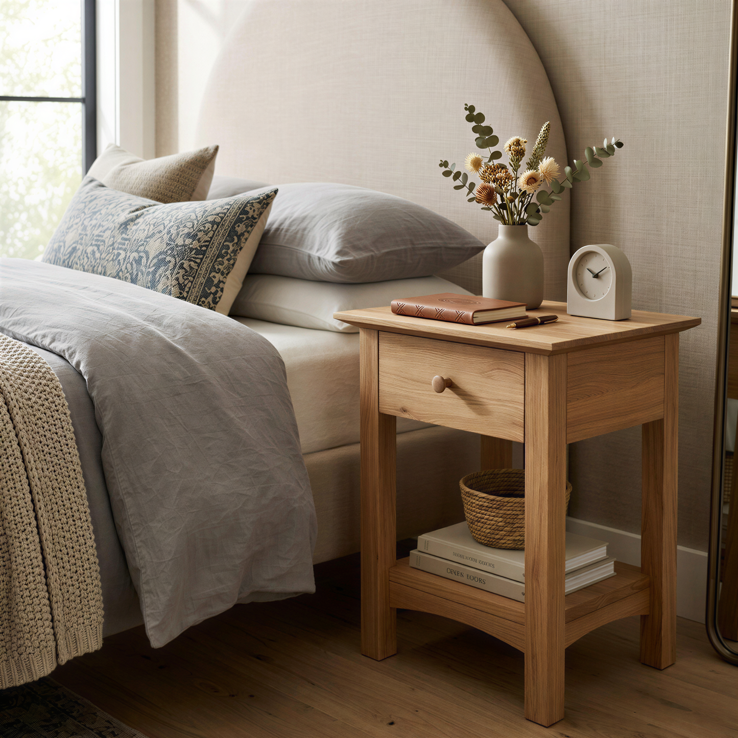 Wooden bedside table with books and a vase next to a bed in a bedroom.