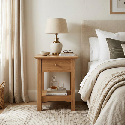 Wooden nightstand with lamp and decor items next to a bed in a bedroom.