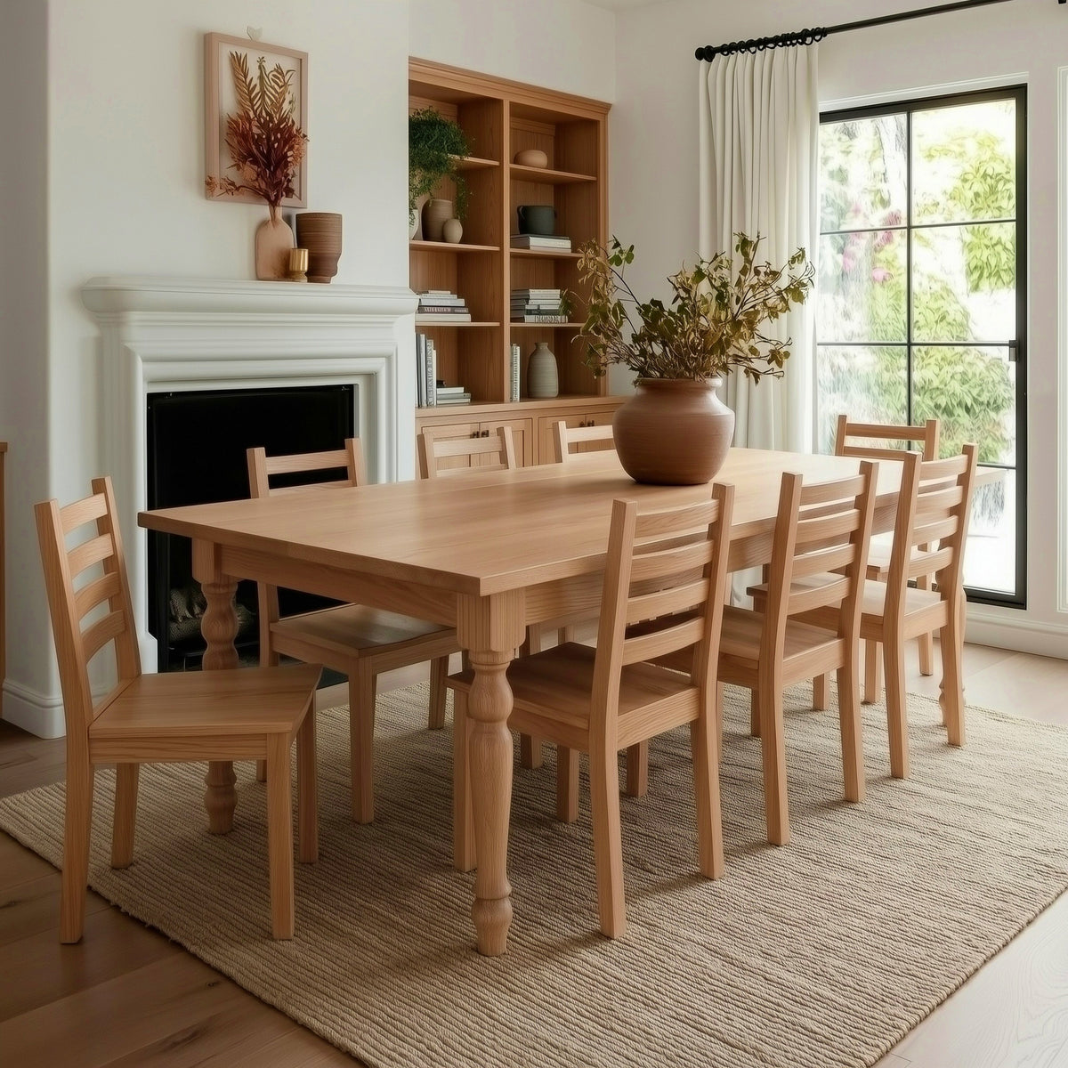 Dining room with wooden table and chairs, fireplace, and large window.