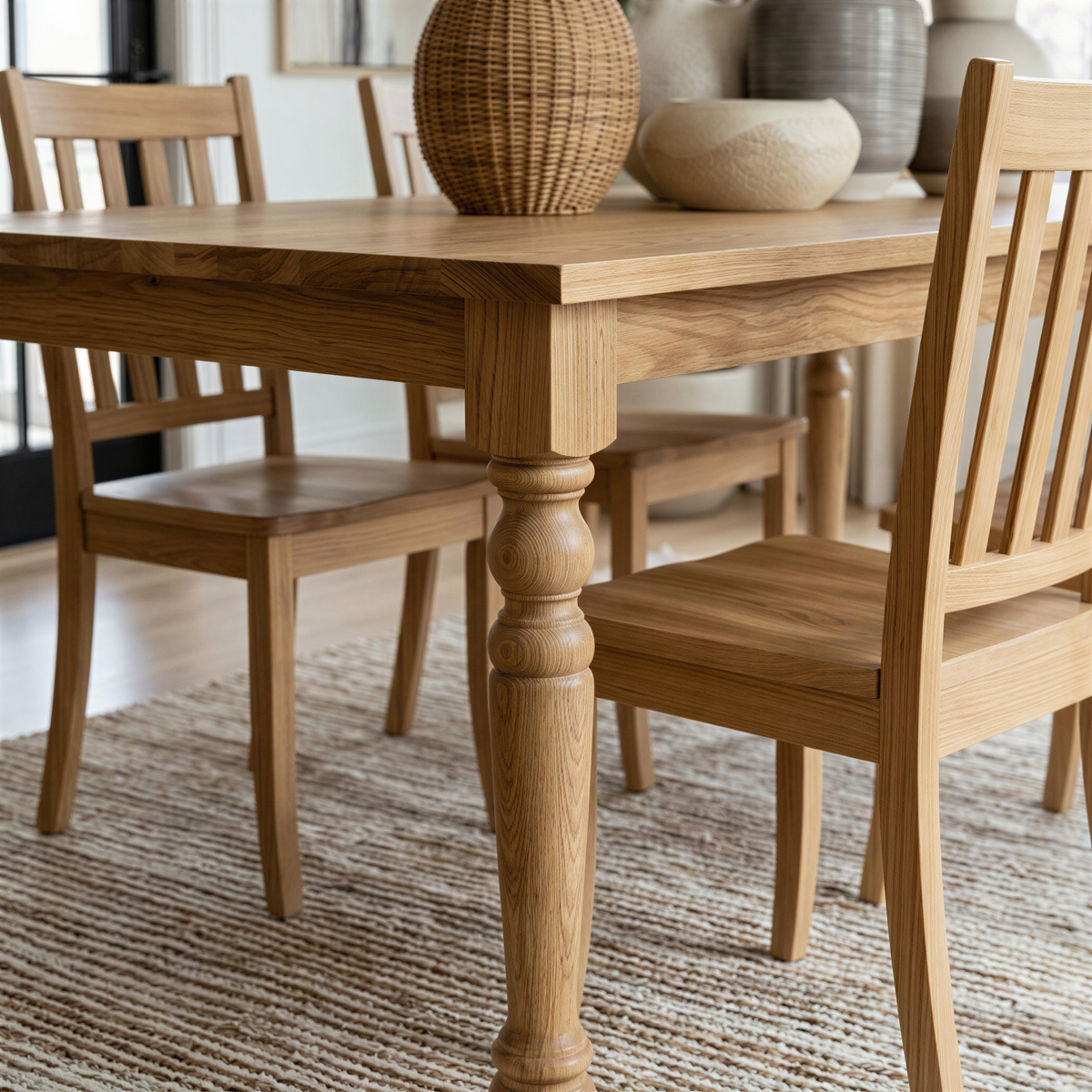 Wooden dining table with chairs in a room setting