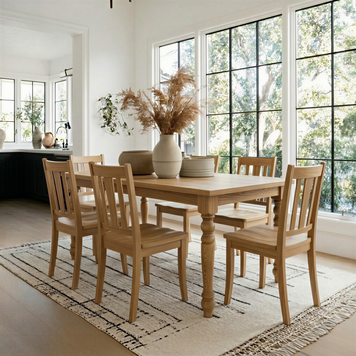 Wooden dining table with chairs in a bright room with large windows.