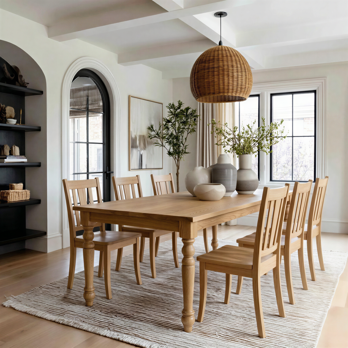 Dining room with wooden table and chairs, wicker pendant light, and large windows.