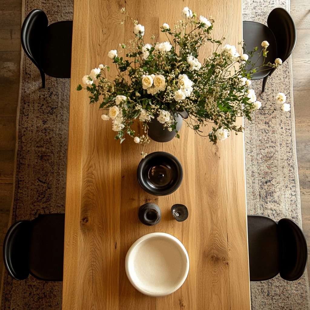 Top down view of an oak dining table