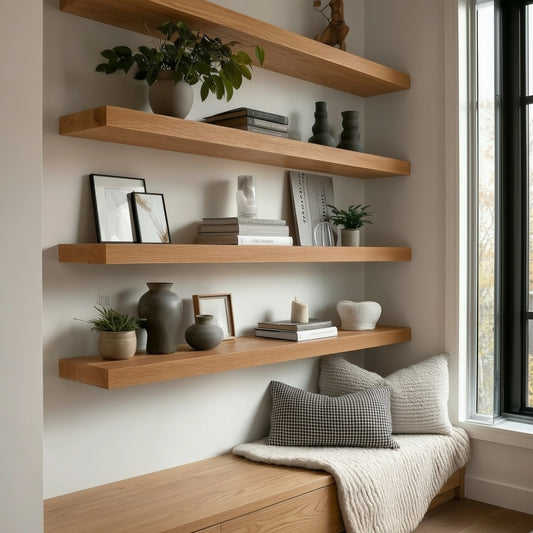 Wooden shelves with decorative items in a room with a window.