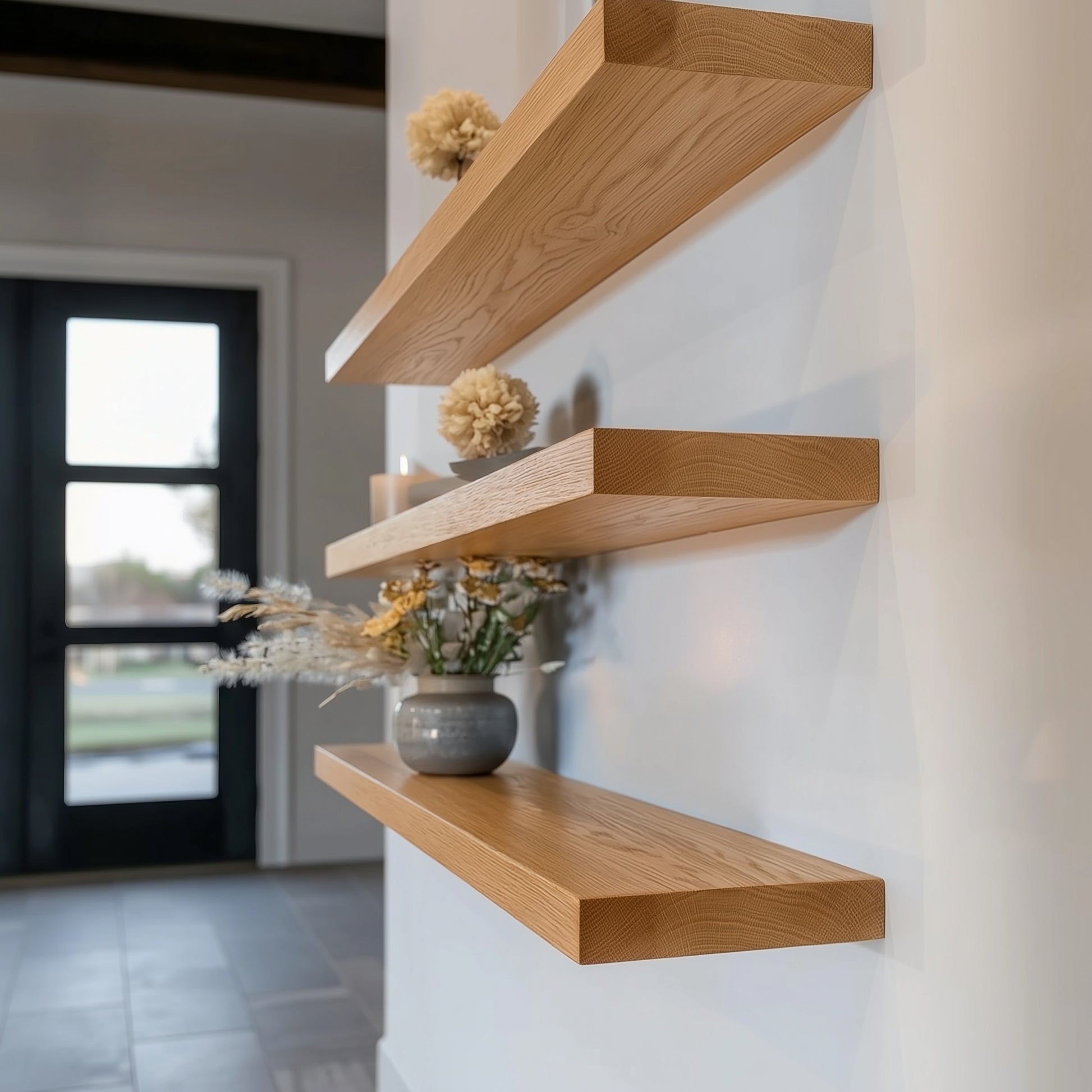 Wooden shelves on a white wall with decorative items.