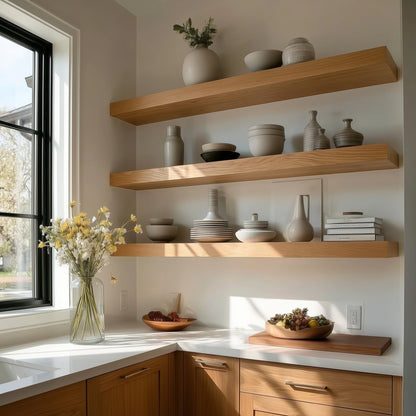 Wooden shelves with decorative items in a kitchen setting